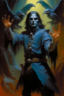 1970's dark fantasy cover dnd style oil painting of a medieval human far genius with bird hand claws in horror sport outfits with minimalist far perspective. Magazine.