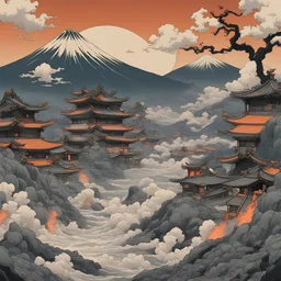 wasteland of nothing but ash and fire, the air filled with the stench of sulfur, and the only company the screams of tormented souls in ukiyo-e art style