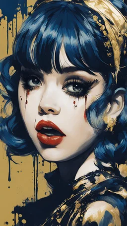 Poster in two gradually, a one side malevolent goth vampire girl face and other side the Singer Melanie Martinez face, painting by Yoji Shinkawa, darkblue and gold tones,