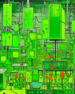 A lime green factory plant with virus infected computers painted by Paul Klee