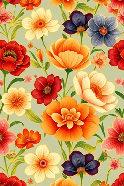 seamless textile design repeat pattern in Art Nouveau style, featuring different kinds of flowers in vibrant colors with elegant golden outlines.