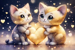 cute chibi cat couple, heart and love, watercolor and black ink outlines, sparkling golden glitter, ethereal, cinematic postprocessing, bokeh, dof