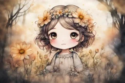 double exposure, merged layers, painted and burned burlap, cute chibi contented anime flower princess in a flowergarden, melting watercolor and black ink outlines on wet paper, soft, shading strokes, in sunshine, ethereal, otherwordly, cinematic postprocessing, bokeh, dof