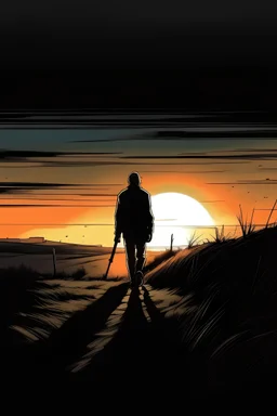 drawing of someone walking in the dark with a flashlight towards a faraway sunrise