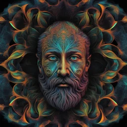 T-shirt design graphics on black background, Parametric structure, vivid colors, fluorescent, DMT, bioluminescent, frontal bearded man Head in mandelbrot style, Escher style, intricated details, cyberpunk, few colors, surreal, symmetrical, high contrast