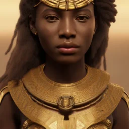 young african woman, short dark hair with golden highlights, ancient ((Egypt)),whole body, ancient armor, lion, golden jewelry, kente, flames as clouds, magnificent, majestic, highly intricate, incredibly detailed, ultra high resolution, complex 3d render,