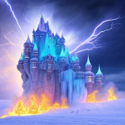 birds flying into exploding ice castle, ski tracks and blue storm clouds and burning lightening