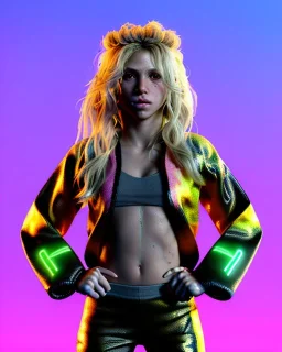 portrait, Shakira, blonde artist, angry, Realistic image, MMA robe, hoodie, mma gloves, fight pose, make-up make-up, gold line make-up, sweat, fog, goddess style, Neon colors, leds. Black background, photo studio, concept art, smooth, unreal engine 5, god lights, ray tracing, RTX, lumen lighting, ultra detail, volumetric lighting, 3d, finely drawn, high definition, 4k.