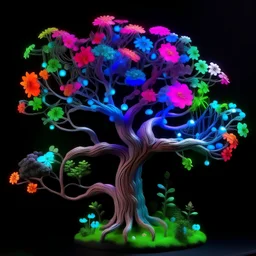 Tree of life with pastel neon flowers and uv mushrooms