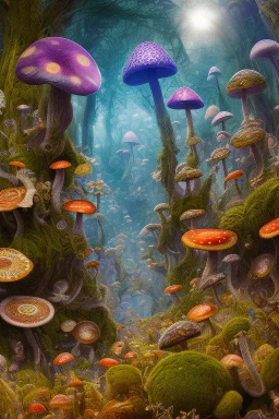 Illustration, Psychedelic art, human eye in a forest full of colourful mushrooms, vivid colours, intricate details, maze, gears, in the style of H.R.Giger, DMT, ultra detailed, photorealistic, top light, 35mm lens, fish-eye