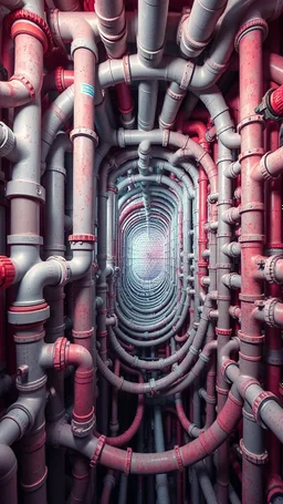 a complex tangle of pipes, joints, vortices of pipes, taps, drain pipes, like a kaleidoscopic tunnel