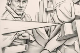 a swedish industry worker from sweden, very strong man pushing a wooden crates and IBC along the floor in a factory,very basic sketch painting like the image i uploaded, lead pencil