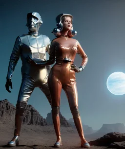Ultra Realistic retro sci-fi image from 1960, spaceship, sweet young woman Jane Fonda with a man, dress with tight latex coat and retro glass helmet, Retro sci-fi style, soft color, highly detailed, unreal engine 5, ray tracing, RTX, lumen lighting, ultra detail, volumetric lighting, 3d, finely drawn, high definition, high resolution.