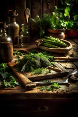 A rustic wooden cutting board, aged oak surface textured with knife marks, surrounded by vintage kitchen tools and fresh garden herbs cascading off the edges, positioned on a rough farmhouse table, ambient warm light casting soft shadows, still life photography, high dynamic range, rich earth tones.