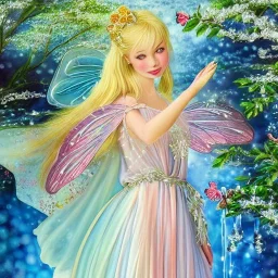 jolie féé blonde avec des ailes irisés et une robe de princesse entourée de cerisiers du japon et de cascade d'eau transparente et bleuté