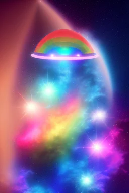 Beautiful ufo, galactic, rainbows, bright colours, blue, pink, gold, jewels,