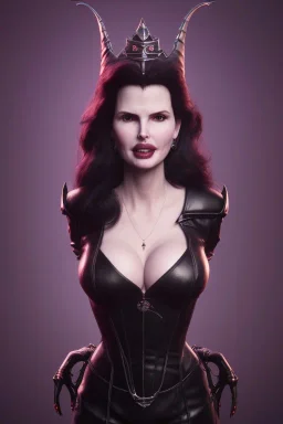 Geena Davis as evil queen in black leather, leather, busty, cleavage, angry, rage, stern look. character design by cory loftis, fenghua zhong, ryohei hase, ismail inceoglu and ruan jia. unreal engine 5, artistic lighting, highly detailed, photorealistic, fantasy