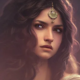  Indian princess , cute, beautiful, long hair, wavy hair, black eyes, head and shoulders portrait, cinematic, 8k, resolution concept art portrait by Greg Rutkowski, Artgerm, WLOP, Alphonse Mucha dynamic lighting hyperdetailed intricately detailed