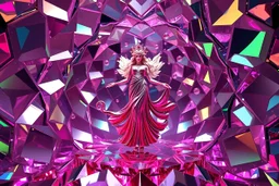 very complex structure ,pretty viberating color environment 3d metalic and crystal recursive animating beveled geometric base very complex structure emiting mirror bubbles that broke, goddess of love in a pretty cleric dress comes out dancing gracefully , viberating color moving very in modern city escape environment while camera tracking it.