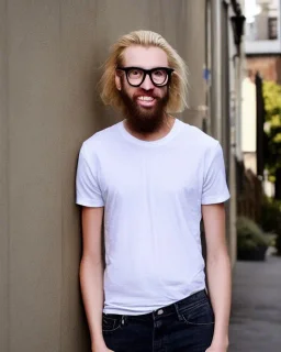 a tall guy who is skinny and scrawny with blond hair and blond beard. his hair is to the left side and he wears glasses. he is wearing a white t-shirt, black jeans and has straight teeth and brown shoes. tim burton style