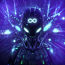 3D infinity symbol ∞ on alien's forehead, infinity figure-of-eight symbol is totally-symmetrical and glowing, exotic, neon, alien, inspiring, fantasy, scientific, friendly, beautiful, octane render, 8k post-production, artstation: award-winning: atmospheric: commanding: fantastical: clarity: 16k: ultra quality: striking: brilliance: liquid medium: stunning colors: amazing depth; lens: f/8, 28mm