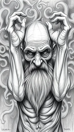 𝙋𝙧𝙤𝙢𝙥𝙩 highly detailed graphite illustration, A surreal elderly figure with exaggerated anatomical features, holding his arms up heavily wrinkled skin, and an intense, contemplative expression. bald head, thick eyebrows, long beard merge into swirling abstract shapes. Large, expressive hands, and the other gripping the forehead tensely. Mysterious, introspective, dreamlike, somewhat dark fantasy. #𝙙𝙧𝙚art #prompt