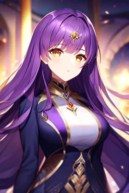 girl, masterpiece, best quality, cinematic lighting, detailed outfit, perfect eyes, long hair, purple hair, vibrant golden eyes,