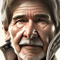 stunning photo realistic head to waist portrait of harrison ford as han solo in star wars with photo realistic short hair by alice zhang,Sam Spratt, Yi Fan, Houston Sharp, Matija Obrovac, Sharp focus, brown eyes, realistically and naturally weathered real skin,space jacket from star wars, intricate