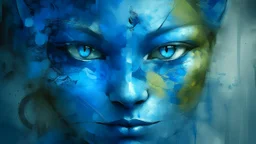 This digital painting features a blue-toned, abstract human face with a serene expression, partially obscured by a blue cat with golden eyes. The background is textured with patches of lighter blue and gray, giving a weathered appearance. The art style is reminiscent of abstract expressionism.