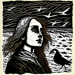 A portrait of a young woman on the beach in dark sea weather and a seagull over it as a linocut
