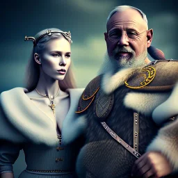 Viking theme, a younger woman sitting next to a 50-year-old man, portrait, 8K, close-up face, anatomically perfect face, Highly detailed stunning full frame portrait, misty and cloudy atmosphere