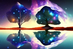 tree, water reflection, galaxy, cosmos, science fiction