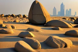 Sunny day, people, rocks, sand, distant modern city