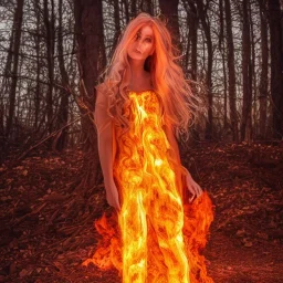 woman made of fire, fire angel, fire clothes, full body portrait, long flowing yellow hair, highly detailed, real life photo, photo quality, extremely detailed, highly detailed, 8K, crisp quality, looking at me