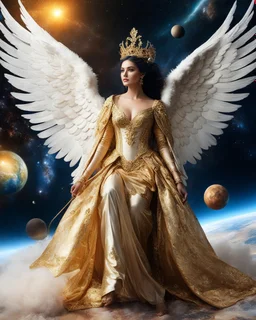 Realistic photography take photoshoot from far, facing front view of a beautiful angel straddle wings dressed in gown traditional queen clothing riding a golden horse-drawn carriage, flying in space, a galaxy surrounded by planets