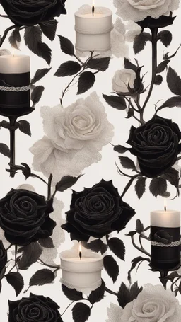 white lace fabric background.black roses with candles.cinematic