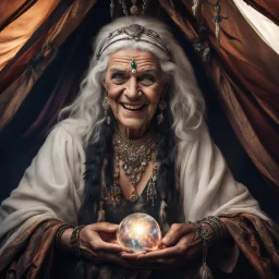 Hyper Realistic photographic-view of Terrifying-Old-Fortune-teller angrily-smiling with black-beed-necklace-&-bracelet Looking at her crystal-ball glowing magically & sitting in her tent decorated with fancy-traditional-ornaments-&-feathers showing dramatic & cinematic ambiance"