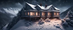 Hyper Realistic areal view of an abandoned house on the top of a mountain at heavy snowfall night