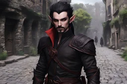 Dark elf male, goatee, rouge, black armor, leather armor, black hair, on a cobblestone road