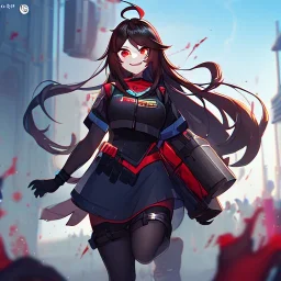 Clear focus,High resolution,High quality, Smiling,Wearing a Fortnite Inspired Outfit,Wearing black long socks, Black Long hair with a ahoge, Red eyes, Wearing black gloves, Bloody mess, Small pupils