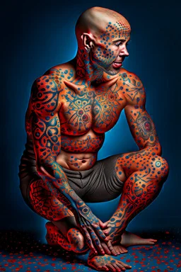 a full body display of a beautiful man with cancer, his skin composed of cancer shaped cells, they cover his entire body like a tattoo, symbolic for wearing his illness on the outside, no hair, in a dramatic pose in a photo studio, he sits with his face slightly hidden as he is shamed, lighting with focus on skin, ultra photo realistic, 32k, highly detailed,. selective colors