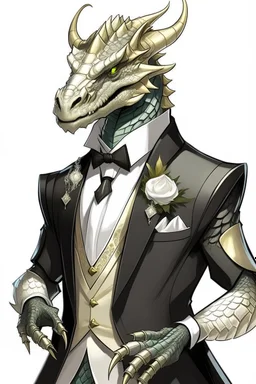 A silver Dragonborn from dnd wearing a tuxedo