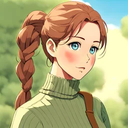 Pretty woman with reddish brown hair and light blue eyes and a pony tail with braids wearing a turtle neck sweater and having olive skin tone, slim and shapely build, deep blush, by artist "anime", Anime Key Visual, Japanese Manga, Pixiv, Zerochan, Anime art, Fantia Studio Ghibli, Anime Key Visual, by Makoto Shinkai, Deep Color, Intricate, centred, head and shoulders portrait