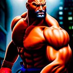 Ultra detailed fullbody Portrait in oil on canvas of Street Fighter- Sagat,extremely detailed digital painting,ultrarealistic skin,intense stare, extremely detailed face, crystal clear eyes, mystical colors ,perfectly centered image, perfect composition, rim light, beautiful lighting,masterpiece ,8k, stunning scene, raytracing, anatomically correct, in the style of Simon Bisley and Ohrai Noriyoshi and robert e howard and Steve Jung and frank frazetta.