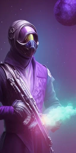 purple galaxy masked super villain, weapons in hands, teal and purple smoke, full portrait, hyper realistic, 4k