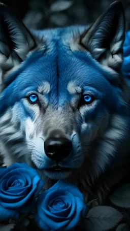 real wolf in headshot in large blue roses. Looks bold Fierce brave