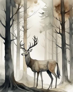 deer with antlers standing sideways, looking at viewer, water color painted, among tall simplified tree trunks, foggy