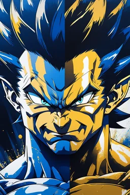 Poster in two gradations, split in half, one side "Vegeta's face", other side "Goku's face", midline of the face, painting by Yoji Shinkawa, dark blue and GOLD detailed iridescent, metallic, translucent, dramatic lighting, hyper futuristic, digital art,