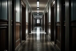 short, wide corridor full of closed doors with a single open doorway