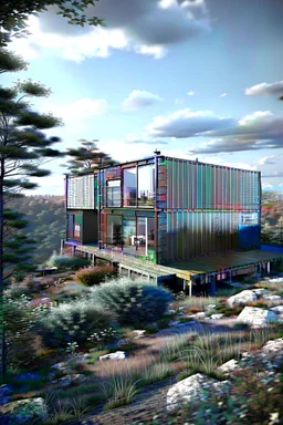 Medium-sized modern house made from shipping containers, on a hill overlooking the woods, photorealistic